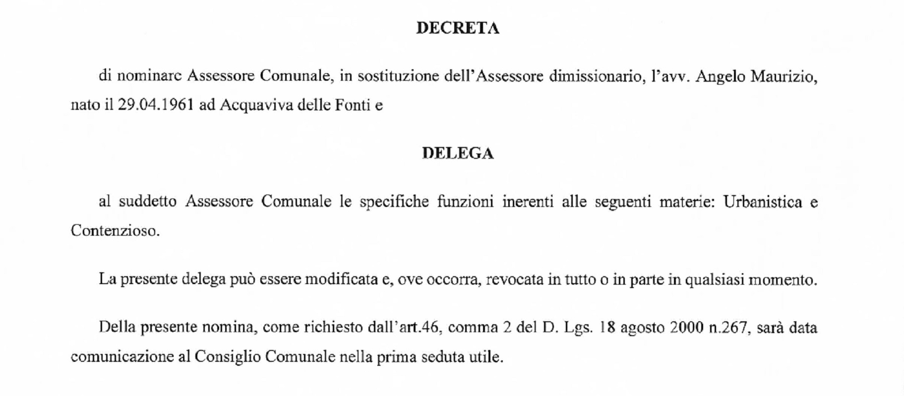 Angelo Maurizio nuovo assessore all’Urbanistica e al Contenzioso